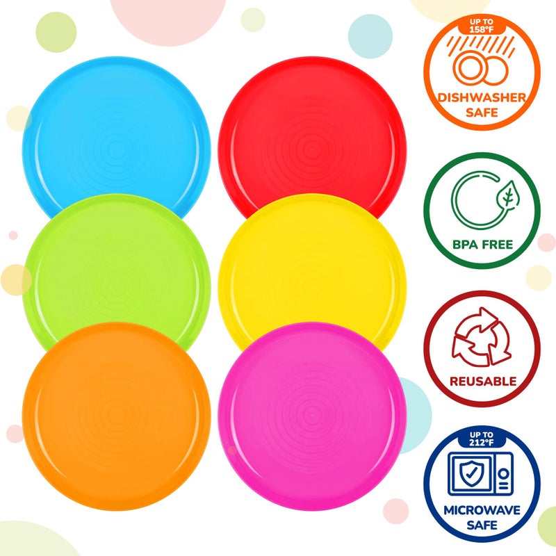 PLASKIDY Kids Plates Set of 12 - Toddler Plastic Dinner Plates - BPA FREE, Microwave & Dishwasher Safe, Brightly Colored 7 Inch - Image 2